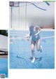 A woman in a blue and white striped bathing suit running on a basketball court.