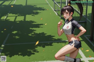 A woman in a soccer uniform standing on a soccer field.